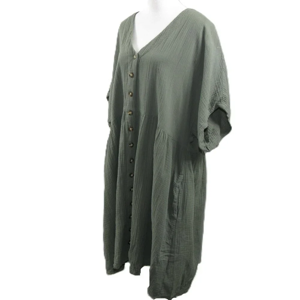 Madewell Green Button Front 100% Cotton Short Sleeve Dress Size 3X - Picture 3 of 6